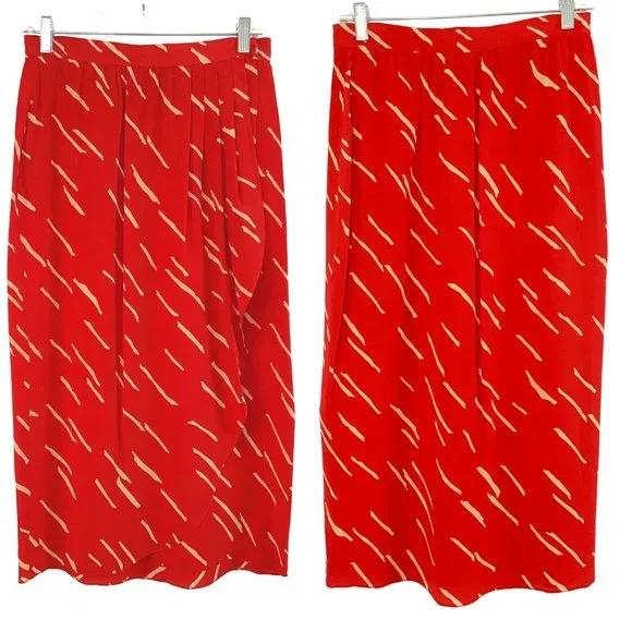 Vintage Christian Dior Red  Silk Wrap Front Midi Skirt Luxury Size 10 - Picture 3 of 16